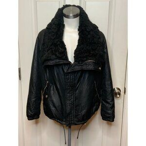 Michael Kors Black Crinkle Zip-Up Coat W/ Faur Fur Trim Oversized Collar, Size S